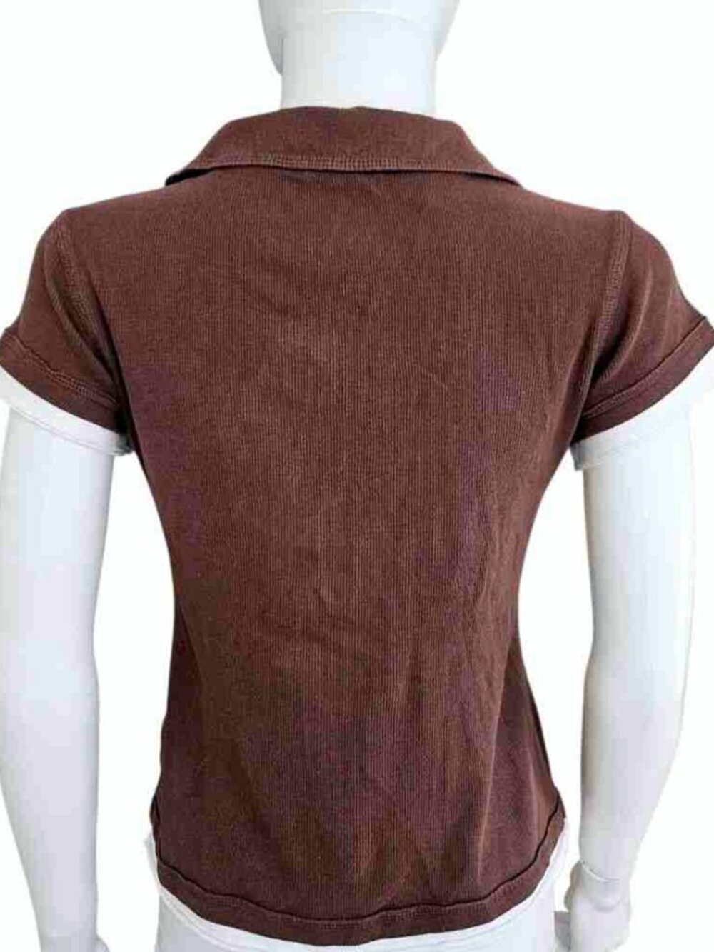 Women Chocolate Brown Ribbed Polo Shirt Half Button Short Sleeve Contrast Trim T - Picture 2 of 2